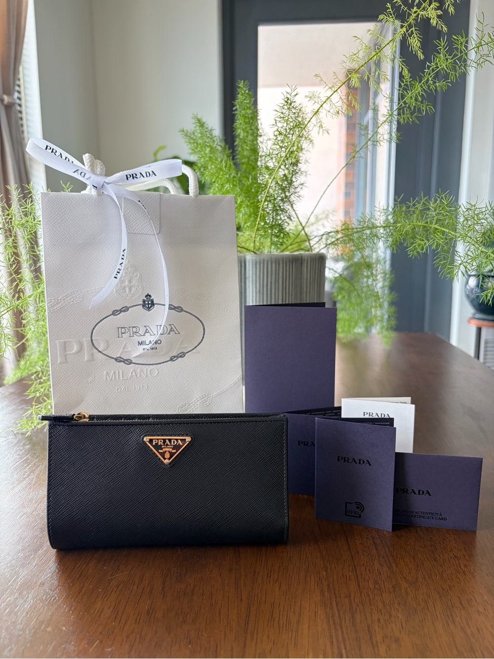 Prada Black Saffiano Leather Wallet, Gold Triangle Logo, RFID Authenticity Card